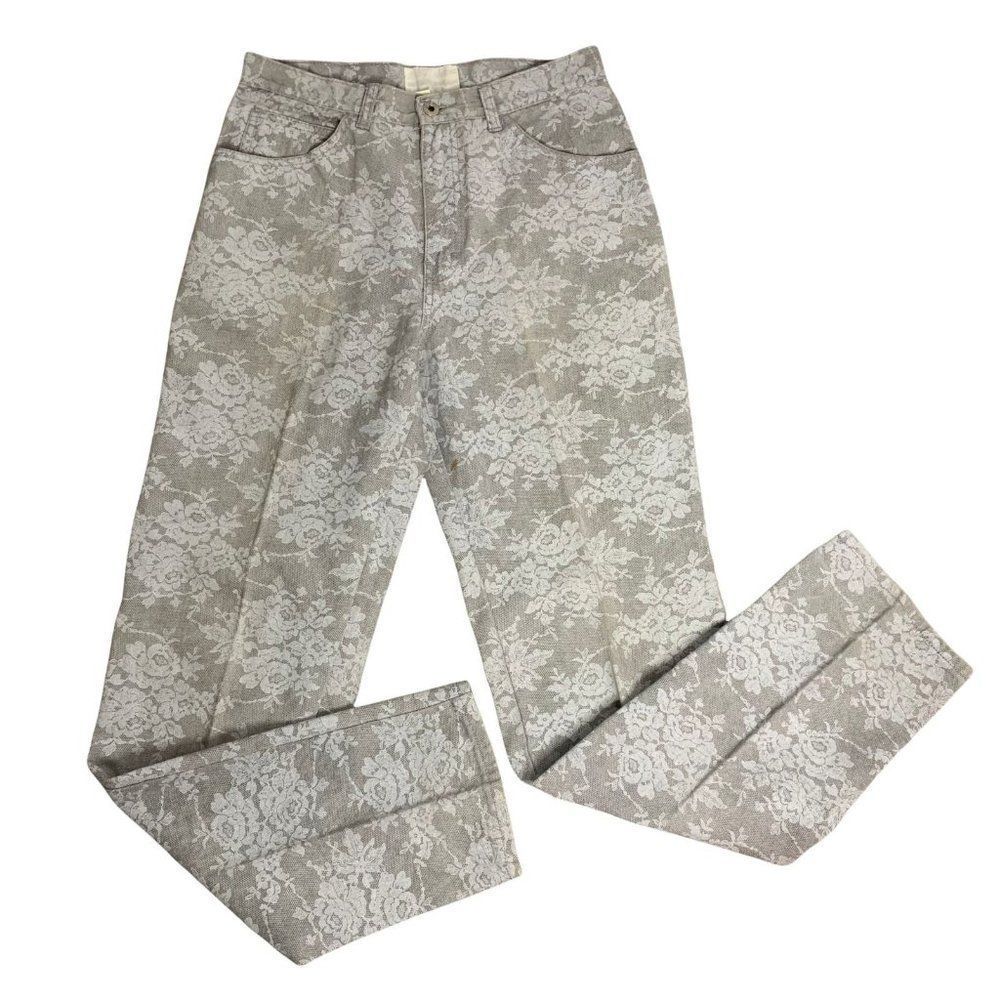 Vintage Brittania High Rise Denim Jeans 12 Grey Floral Lace Straight Leg Pockets